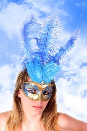 Loups et Masques Venitiens Doré Avec Plumes Bleu 