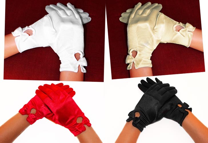 Gants en Satin à Noeuds Rouge Blanc Crème Noir Courts