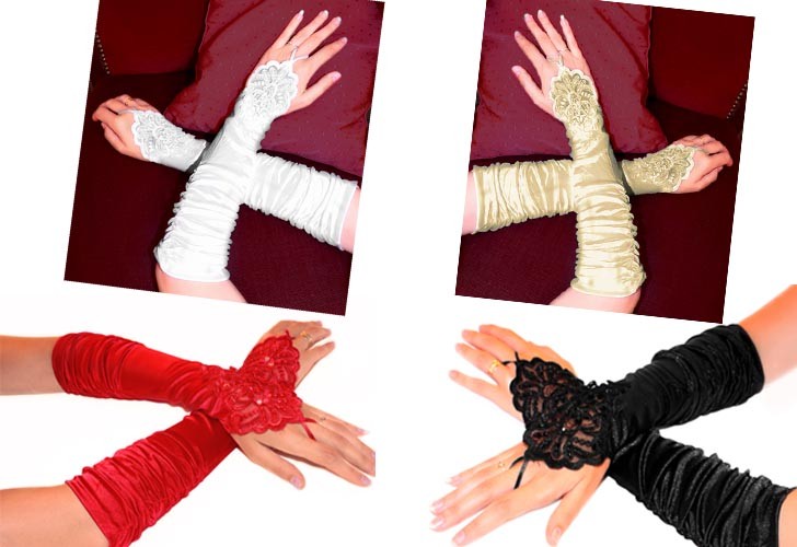 Gants Longs en Satin Bague à Perles ( Rouge Blanc Crème Noir)