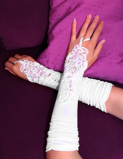 Gants Longs en Satin Bague à Perles Scintillante Blanc
