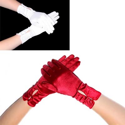 Gants en Satin à Boutons Rouge Blanc Courts