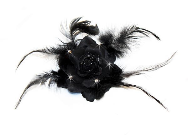 Broche et Elastique Mariage Fleur Tissu Strass Noir