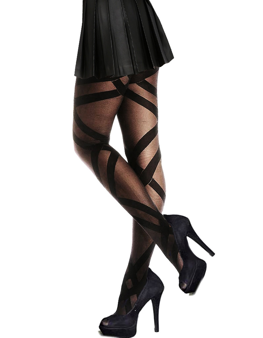 Collant Voile Noir Effet Jacquard Rubans Fantaisie SEXY BAS NEUF