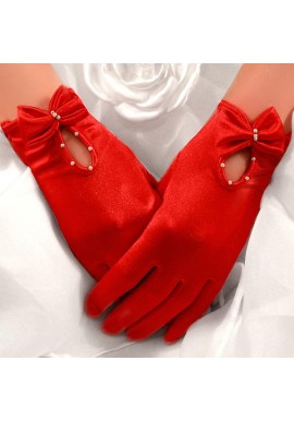 Gants Satin Noeuds Perles Courts Rouge