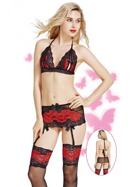 Ensemble Porte Jarretelle Bas Dentelle Top Rouge Noir