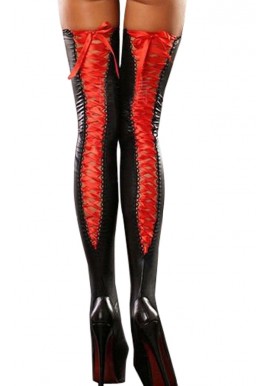 Bas Noir Laçage Sexy Gogo Effet Latex Vinyl Rouge