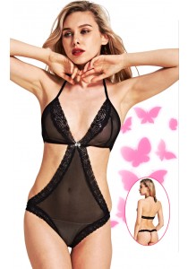 Body String Voile Noir Bordure Dentelle Strass