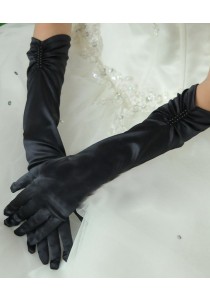 Gants Mi Longs Mariage Ceremonie Satin Perles Noir