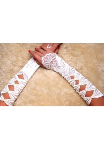 Gants Longs en Satin Bague à Perles Noeuds Blanc