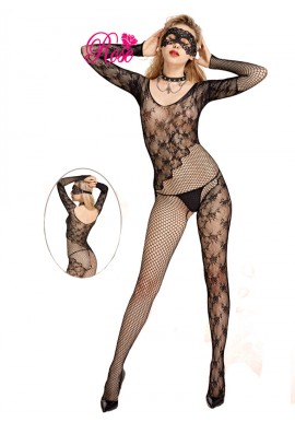 Combinaison Bodystocking Ouverte Résille large Noir Bi-Motif