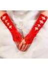 Gants Longs en Satin Bague à Perles Noeuds Rouge