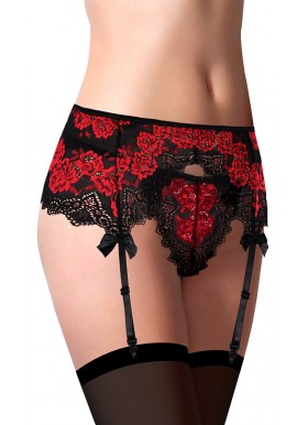 Porte-Jarretelles Dentelle Noir Broderie Motif Floral Rouge