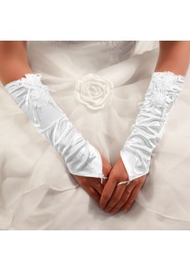 Gants Longs en Satin Bague à Fleur Perles Blanc