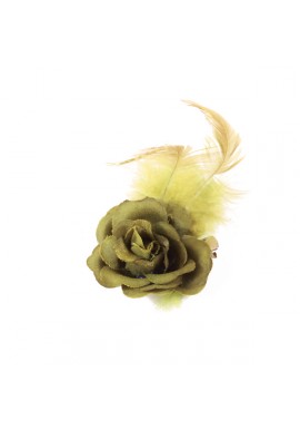 Pince Mariage Fleur Tissu Petit Rose Plumes Vert