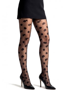 Collant Voile Noir Jacquard Motif Fleur Petite Rose