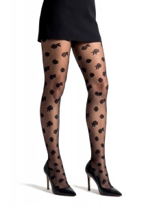 Collant Voile Noir Jacquard Motif Fleur Petite Rose